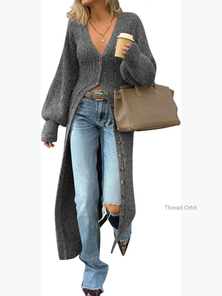 Long V-Neck Cardigan Chunky Knit Duster Sweater Coat Maxi Dress